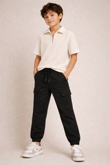Kids Textured Half-Zip Polo Shirt – Off White with black argo