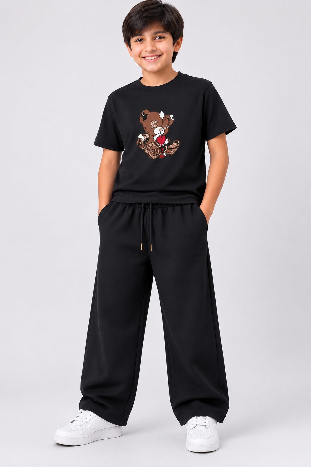 Boys Black Cotton Co-Ord Set with Bunny Graphic Print