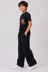Boys Black Cotton Co-Ord Set with Bunny Graphic Print