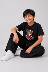 Boys Black Cotton Co-Ord Set with Bunny Graphic Print