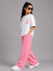 Girls White Drop Shoulder T-Shirt with Pink Baggy Trouser Set