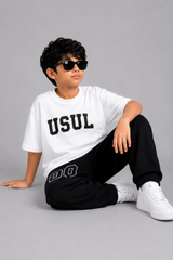 Boys White Oversized T-Shirt & Black Baggy Trouser Co-Ord Set