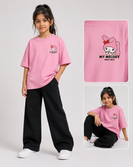 Girls Pink My Melody Drop Shoulder T-Shirt with Black Baggy Trousers Co-Ord Set