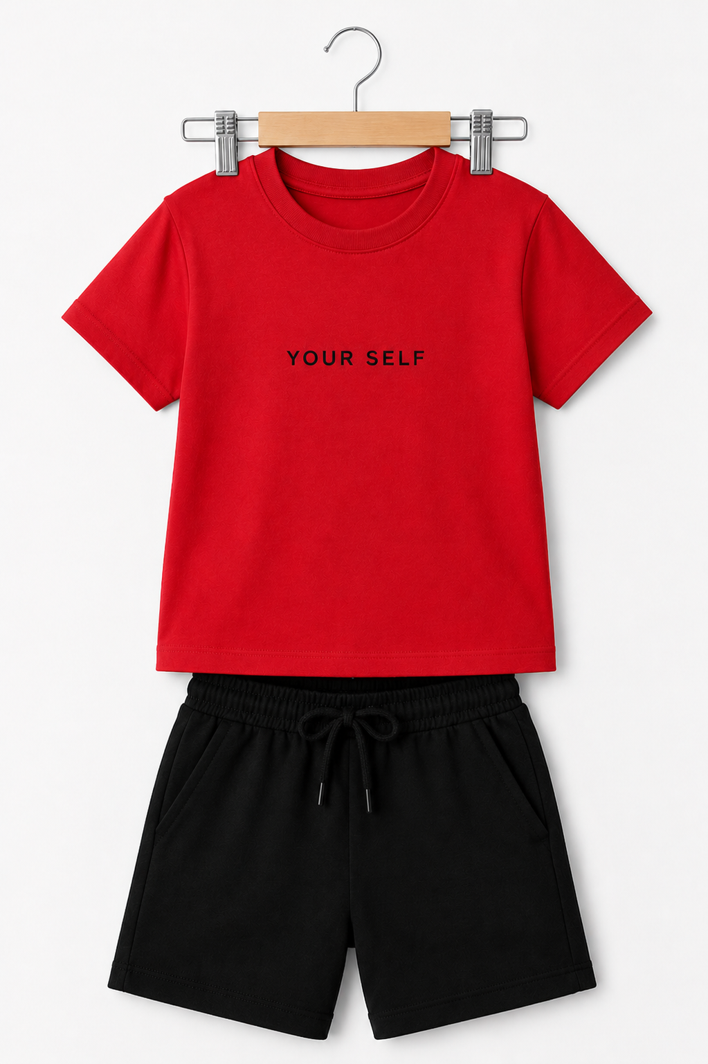 Kids' Red "YOUR SELF" T-Shirt with Black Jersey Shorts Co-Ord Set