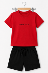 Kids' Red "YOUR SELF" T-Shirt with Black Jersey Shorts Co-Ord Set