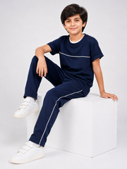 Boys' Navy Blue Cotton T-Shirt & Trouser Co-ord Set | Premium Kids Casual Wear