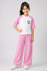 Girls Pink & White Raglan Co-Ord Set with Cute Character Print