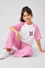 Girls Pink & White Raglan Co-Ord Set with Cute Character Print