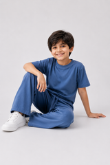 Boys Blue Cotton Co-Ord Set | Casual T-Shirt & Wide-Leg Pants for Kids