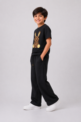 Boys Black Cotton Co-Ord Set with Bunny Graphic Print