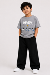Kids Grey NASA Graphic T-Shirt with Black Wide-Leg Trousers