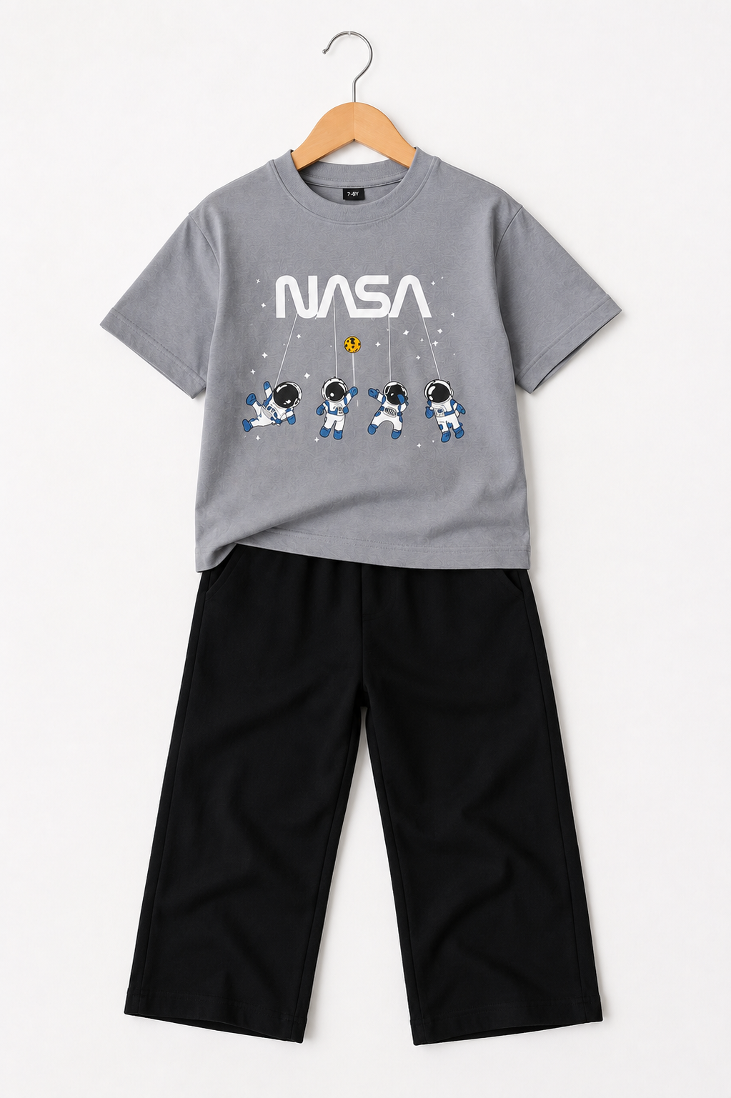 Kids Grey NASA Graphic T-Shirt with Black Wide-Leg Trousers