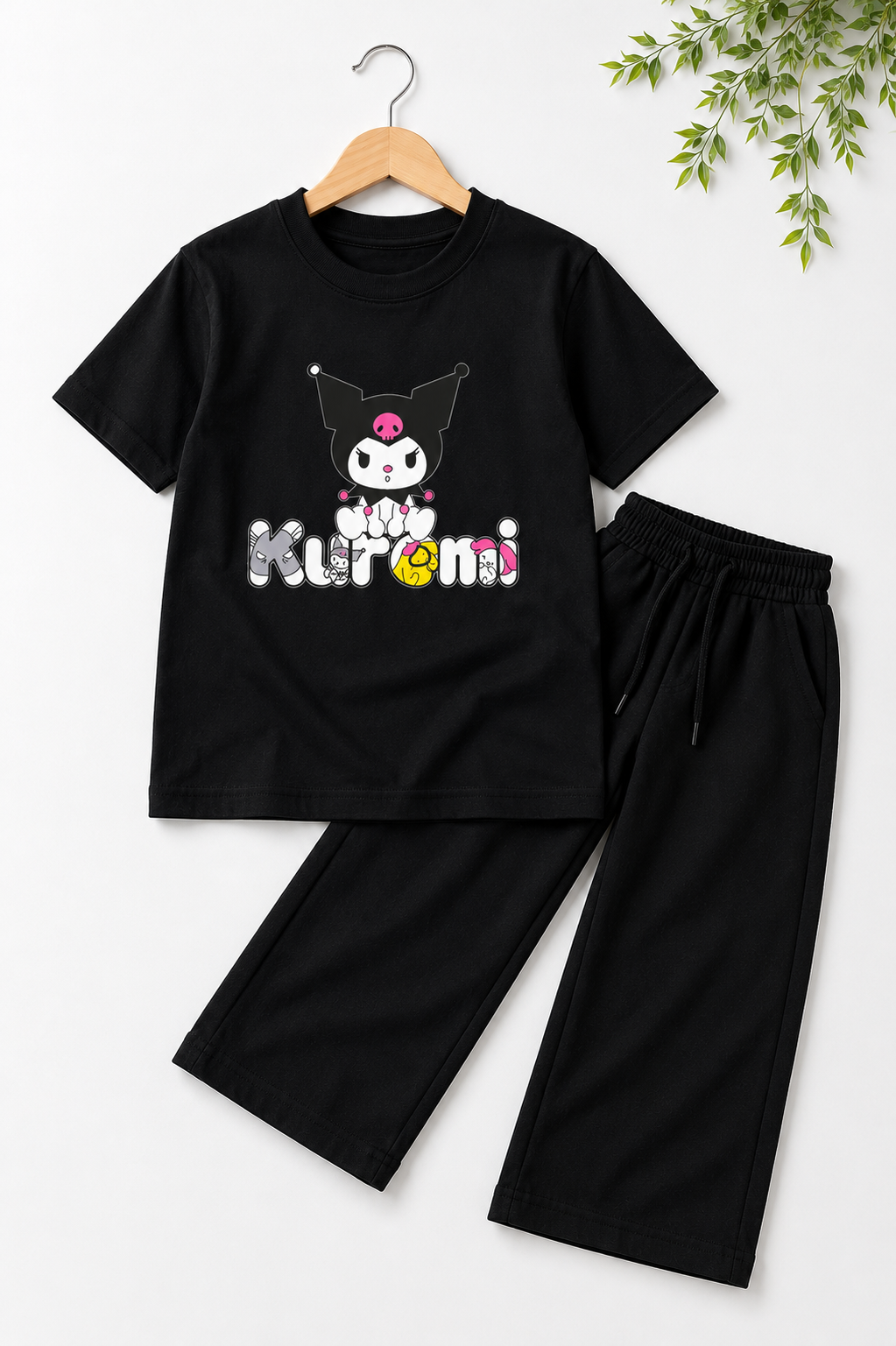 Kids Black Kuromi Graphic T-Shirt with Black Baggy Trousers