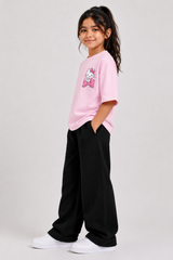 Girls Pastel Pink T-Shirt with Cute Kitty Print & Black Wide-Leg Pants Set