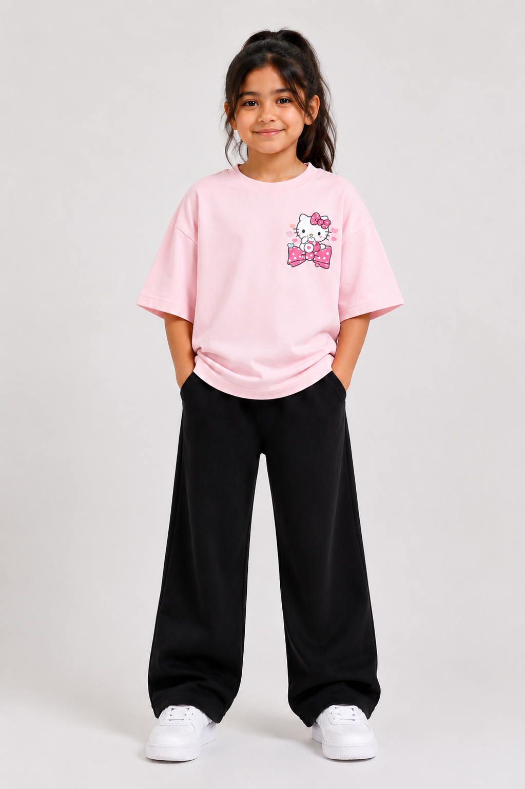 Girls Pastel Pink T-Shirt with Cute Kitty Print & Black Wide-Leg Pants Set