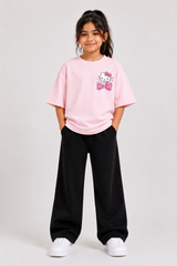 Girls Pastel Pink T-Shirt with Cute Kitty Print & Black Wide-Leg Pants Set