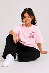 Girls Pastel Pink T-Shirt with Cute Kitty Print & Black Wide-Leg Pants Set
