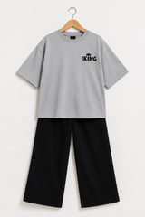 Boys Grey Drop Shoulder T-Shirt with Black Wide-Leg Trouser Set