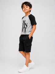 Kids Grey & Black Raglan T-Shirt with Statement Print & Black Cargo Shorts Set