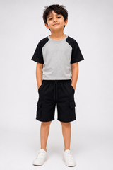 Kids Grey & Black Raglan with king T-Shirt and Black Cargo Shorts Set | Casual Summer Outfit
