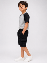 Kids Grey & Black Raglan ABC T-Shirt and Black Cargo Shorts Set | Casual Summer Outfit