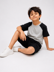 Kids Grey & Black Raglan with king T-Shirt and Black Cargo Shorts Set | Casual Summer Outfit