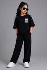 Girls Black Teddy Bear Graphic Co-Ord Set Oversized T-Shirt & Wide-Leg Trouser