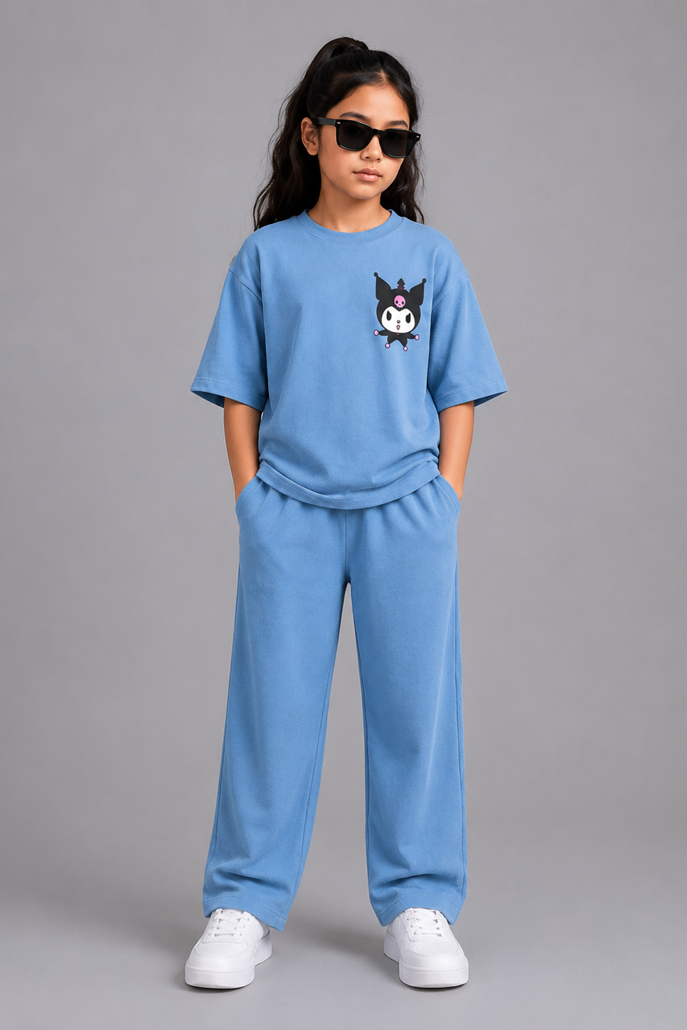 Girls Blue Cartoon Graphic Co-Ord Set  Oversized T-Shirt &Wide-Leg Trousers