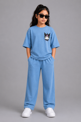 Girls Blue Cartoon Graphic Co-Ord Set  Oversized T-Shirt &Wide-Leg Trousers