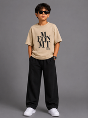 Boys Beige Oversized Graphic T-Shirt Black Wide-Leg Trouser Co-Ord Set