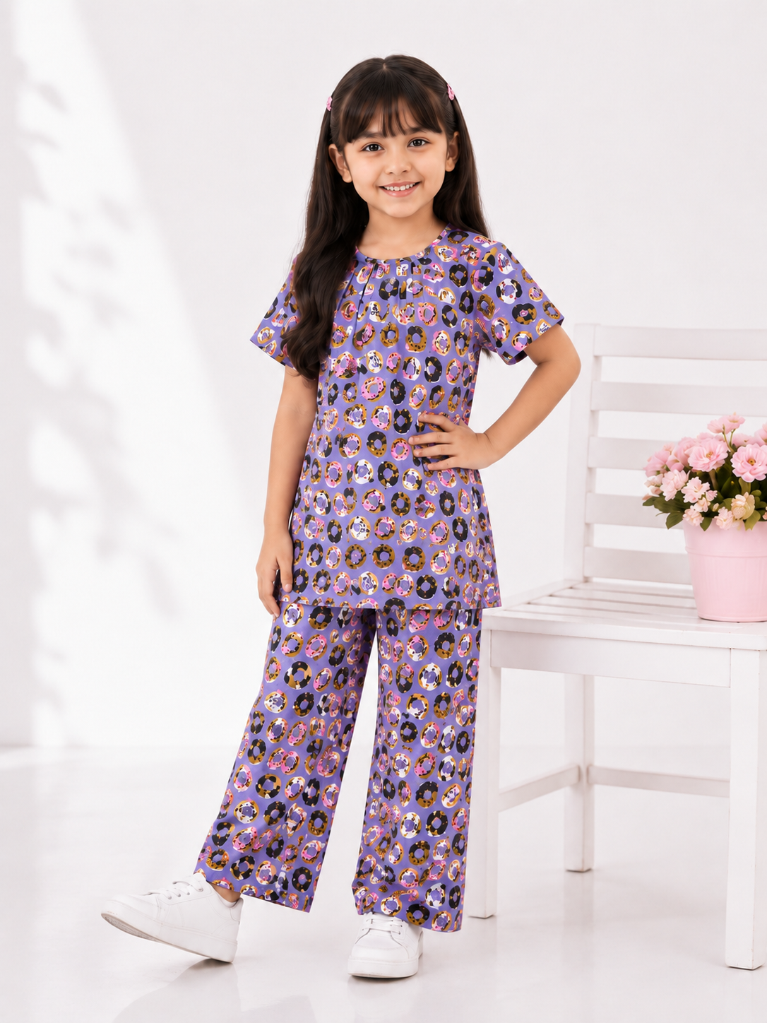 Girls Donut Print Co-Ord Set – Lavender Top & Trouser
