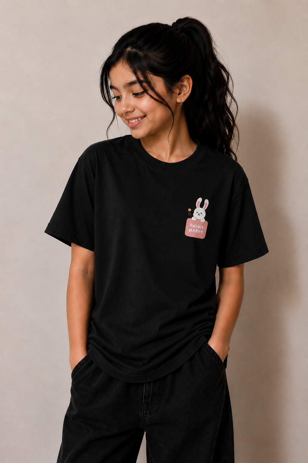 Rabbit Happy Pocket Graphic Tee – Black
