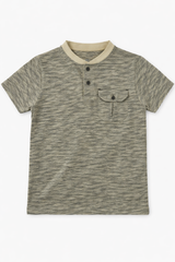 Boys Olive Melange Henley T-Shirt with Pocket