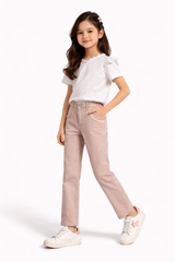 Girls Dusty Pink Cotton Pants with Lace Pocket