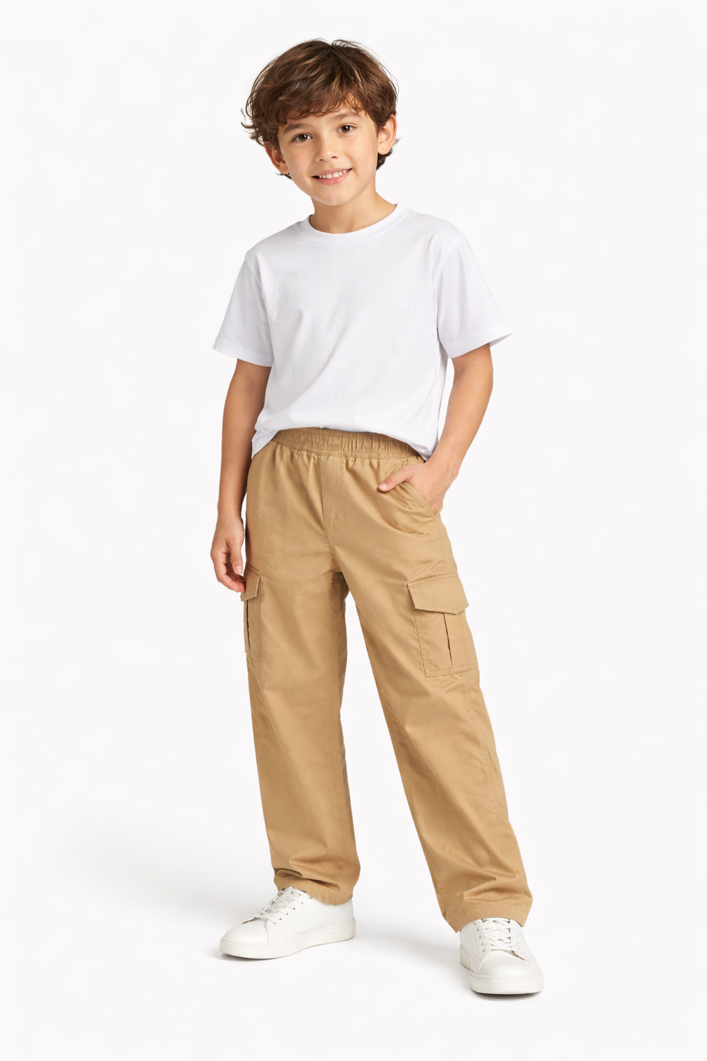 Kids Camel Brown Cargo Pants with Elastic Waist