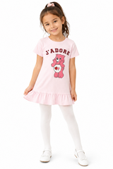 J’ADORE Bear Print Girls Dress – Light Pink