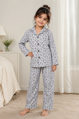 Girls Grey Printed Night Suit – Soft Cotton Pajama Set