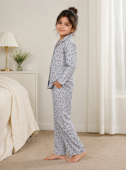 Girls Grey Printed Night Suit – Soft Cotton Pajama Set
