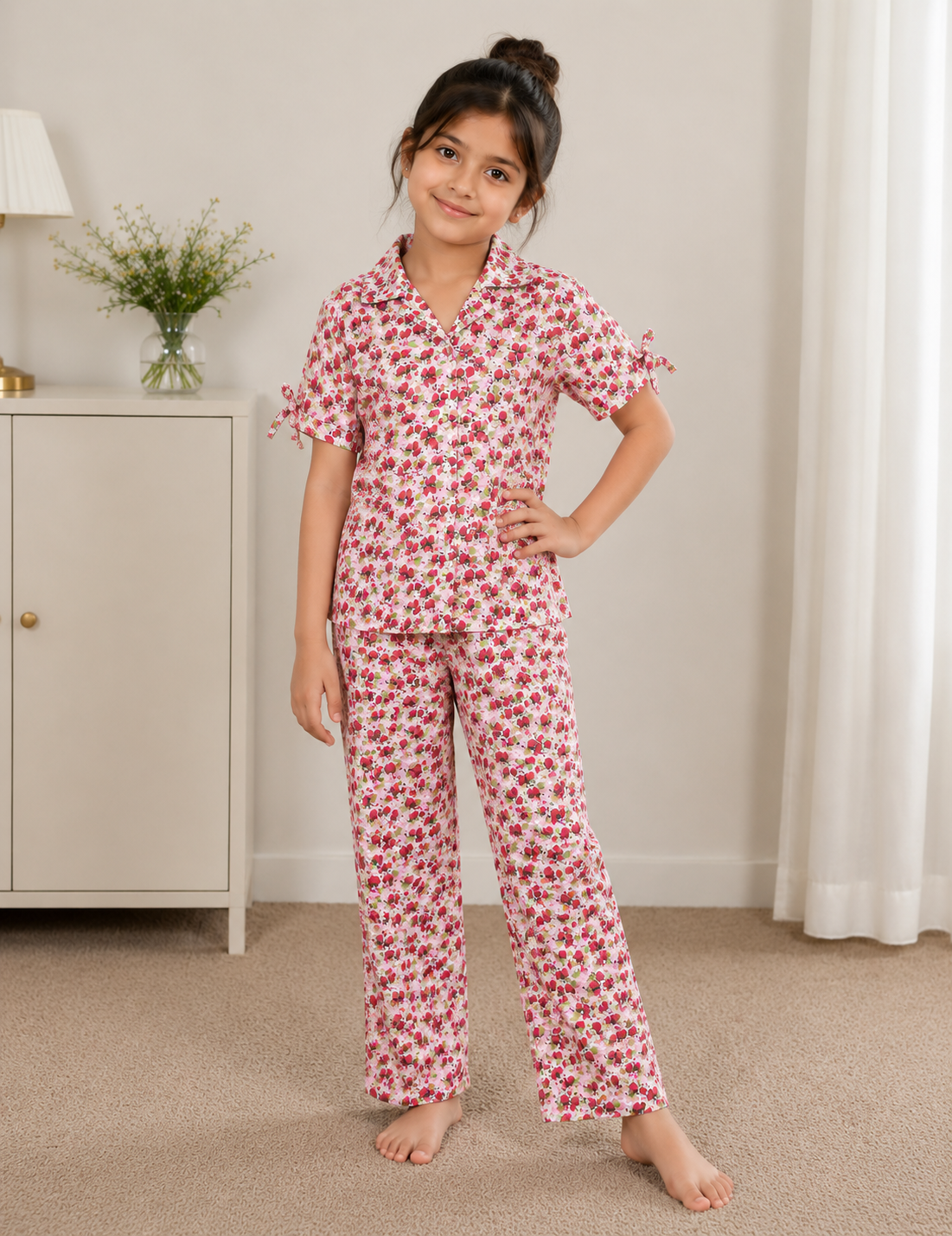 Girls Pink STRAWBERY Night Suit – Half Sleeve Pajama Set
