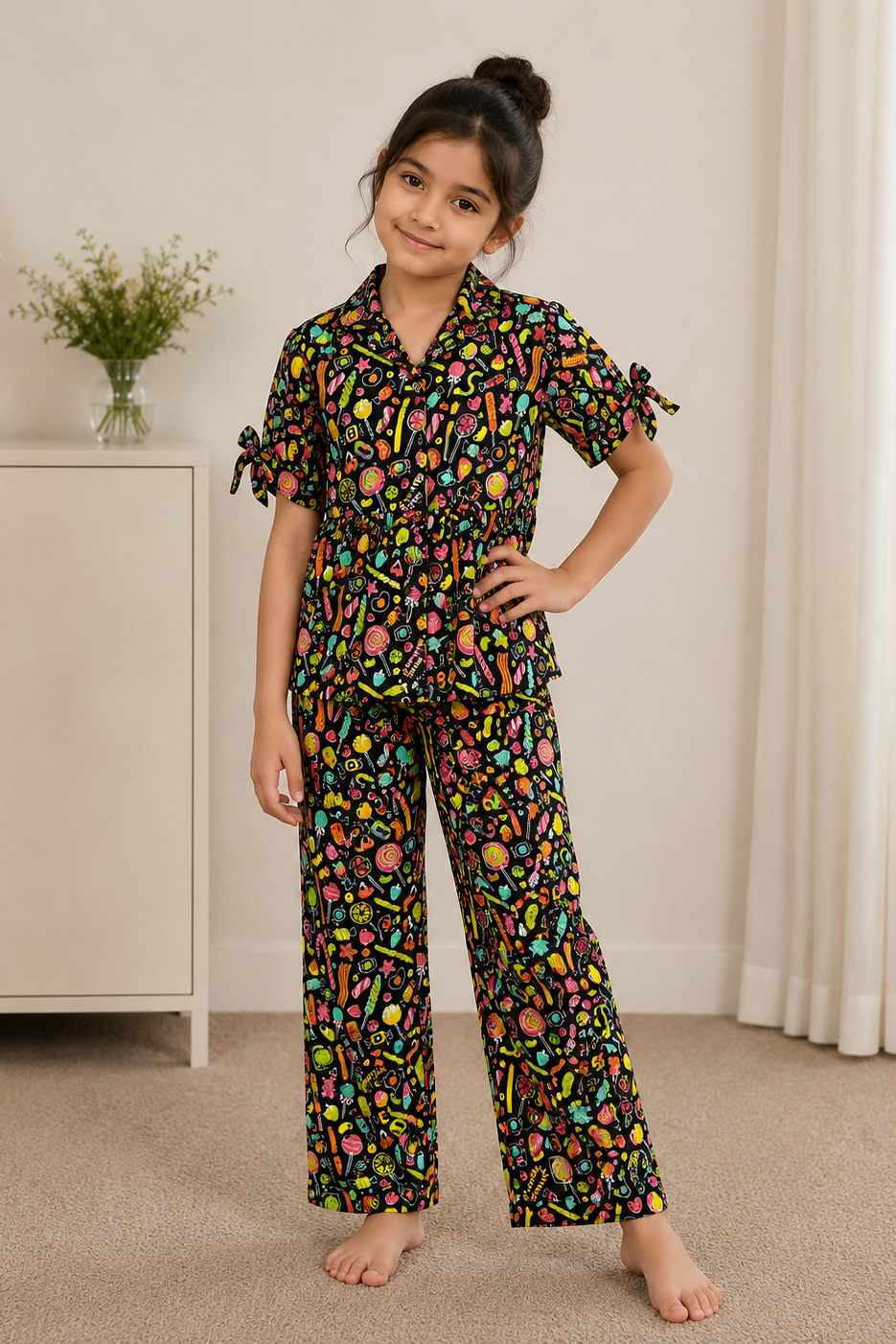 Girls Candy Print Night Suit – Half Sleeve Pajama Set