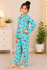 Girls Aqua Shark Print Night Suit – Soft Cotton Pajama Set
