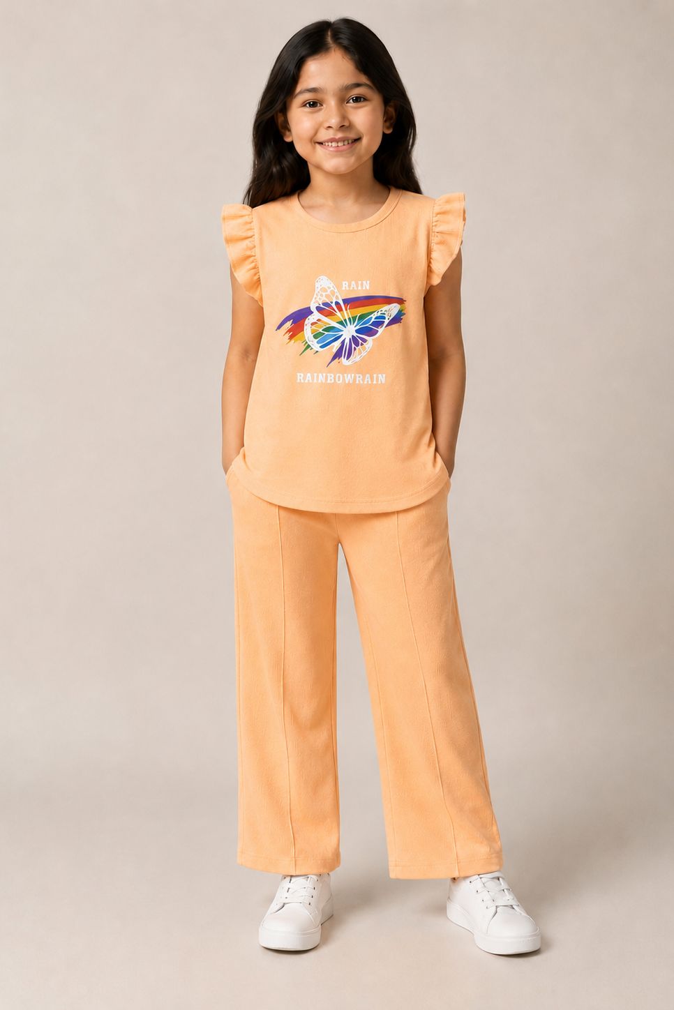 Peach Butterfly Graphic Co-Ord Set for Girls