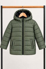 Kids Olive Green Hooded Puffer Jacket