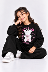 Black Cute Bear Fleece Co-Ord Set for Girls