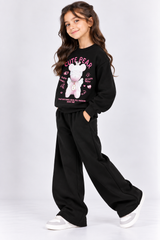 Black Cute Bear Fleece Co-Ord Set for Girls