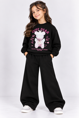 Black Cute Bear Fleece Co-Ord Set for Girls