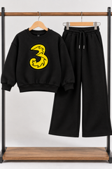 Black 3 Graphic Fleece Co-Ord Set for Kids