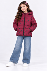 Girls Maroon Polka Dot Hooded Puffer Jacket