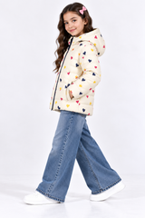 Girls Cream Multicolor Heart Print Hooded Puffer Jacket