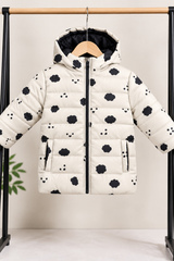 Girls Cream Black Cloud Print Hooded Puffer Jacket